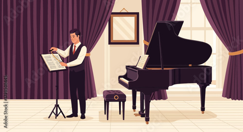 The Conductor Directing the Orchestra from the Music Sheets on the Stand Inside the Hall