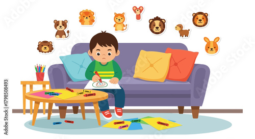 Illustration showcasing a young boy engrossed in drawing at home surrounded by art supplies