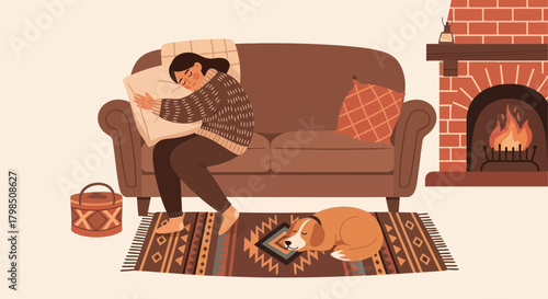 Cozy indoor scene featuring woman sleeping on sofa with dog near fireplace