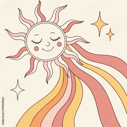 Sleeping Sun with Rainbow Rays and Stars on Cream Background closed eyes peaceful
