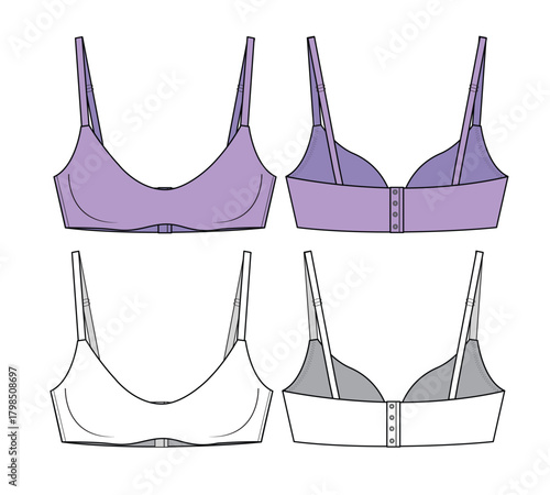 Push up bra front and back view design technical flat sketch vector mockup template.