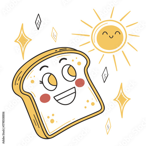 Happy slice of toast with smiling sun and sparkles bread food