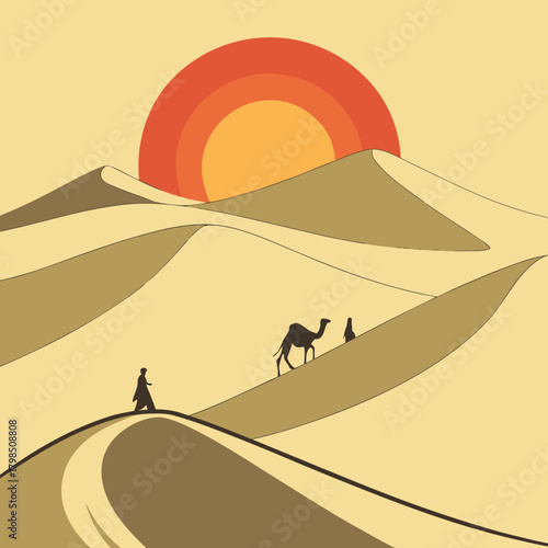 Desert landscape with sand dunes camel and sun at sunset caravan