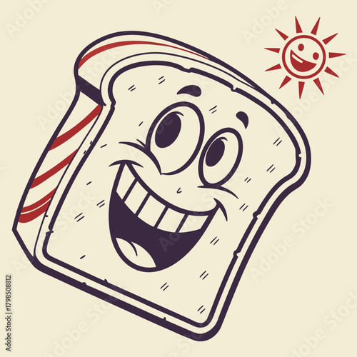 Happy cartoon slice of toast with smiling sun illustration Keywords: toast, bread, breakfast
