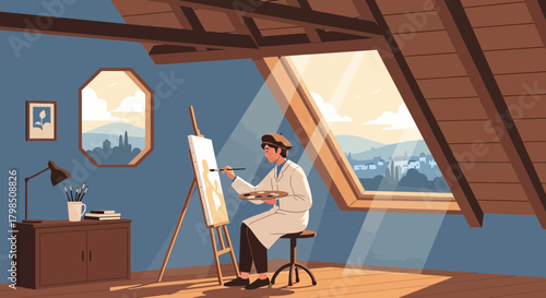 Artist's Haven: Creative Pursuits in a Sunlit Attic Studio with Scenic Views