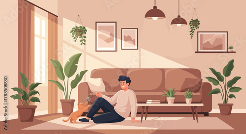 Cartoon illustration of a man playing with his cat in a cozy living room