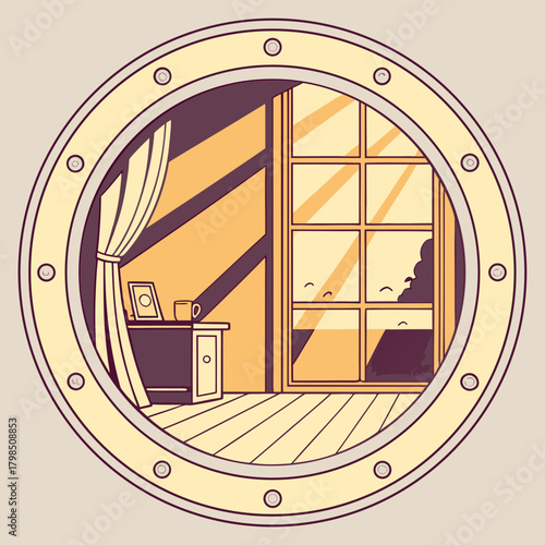 Interior view through a round window at sunset porthole room