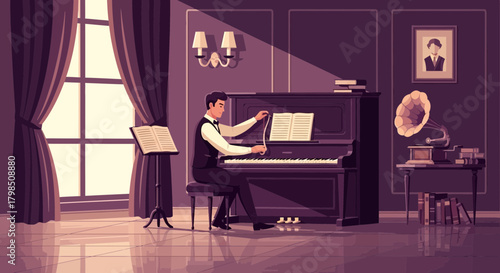 A Pianist Performing in an Elegant Room with a Vintage Phonograph and Decor