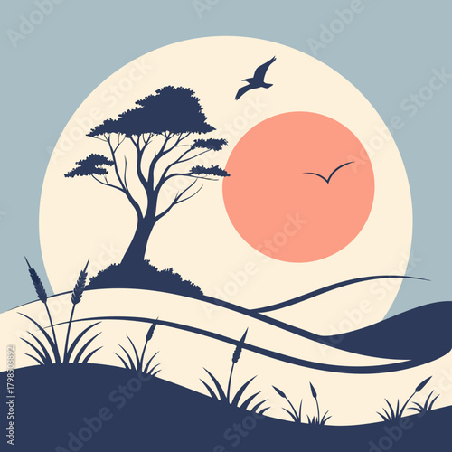 Stylized Sunset Landscape with a Lone Tree and Birds Keywords: nature, landscape, sunset