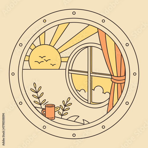 Sunrise seen through a round window with a cup of coffee porthole