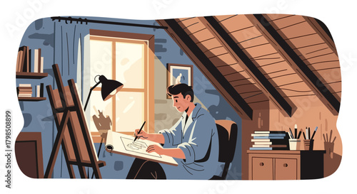 Artist's creative solitude in an attic workspace illuminated by window light