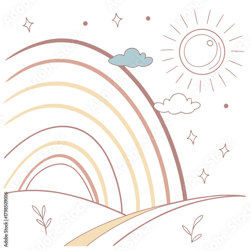 Pastel rainbow landscape with sun and clouds illustration Keywords: rainbow, sun, clouds
