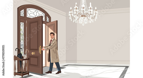 Illustrative entrance scene of a gentleman arriving at a stylish foyer