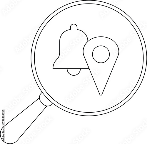 Magnifying glass shows bell and map pin highlighting search or discovery