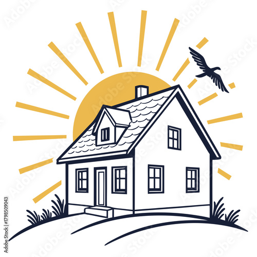 House Silhouette with Sun and Bird on White Background Keywords: house, home, sun, sunrise, bird
