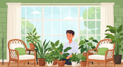 Man cultivating plants at home near a window, surrounded by wicker chairs