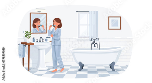 Early morning routine: Woman brushing teeth in a stylish bathroom setting
