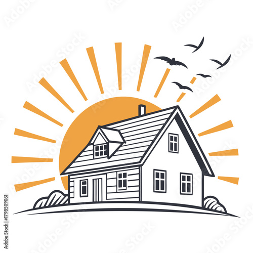 House Silhouette with Sun and Birds on White Background Keywords: house, home, sun, sunrise