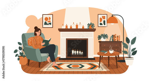Illustration depicting a cozy interior scene with a woman reading by the fireplace
