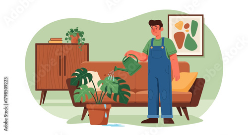 Illustrative scene of a person tending to houseplants in a cozy interior
