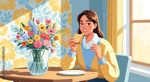 Cheerful woman enjoying a light meal in a cozy sunlit room with flower decoration