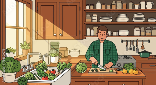 A cheerful man prepares fresh produce in a sun-drenched kitchen, fostering health