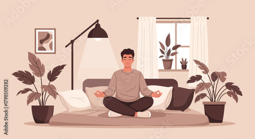 Serene Meditation: A Man Finding Inner Peace at Home Amidst Plants and Soft Light