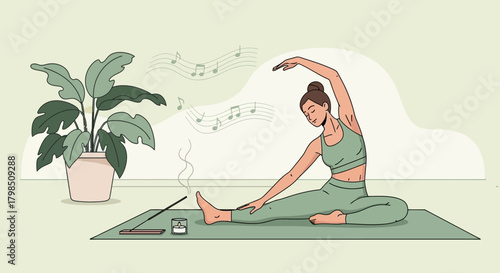 Harmonious illustration of woman practicing yoga with music and aromatherapy