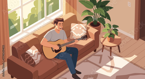 Acoustic resonance: Indoor musician practicing melody with guitar at home