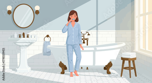 Morning Ritual: Woman Brushing Teeth in Brightly Lit, Serene Bathroom Scene