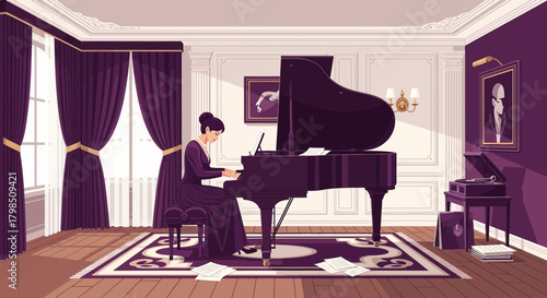 Elegant pianist in a vintage room playing the grand piano with classic ambience