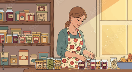 Woman in kitchen arranging jars, symbolizing home cooking and food preservation