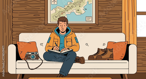 Illustrative depiction of a traveler reflecting on adventures within a cabin setting