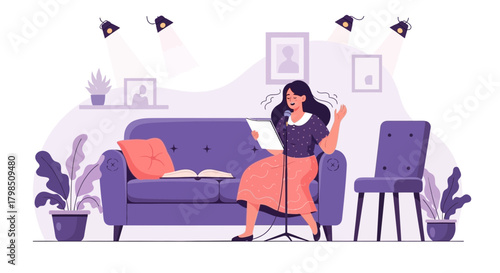 Expressive recital in a cozy living room under spotlights, creating a personal stage