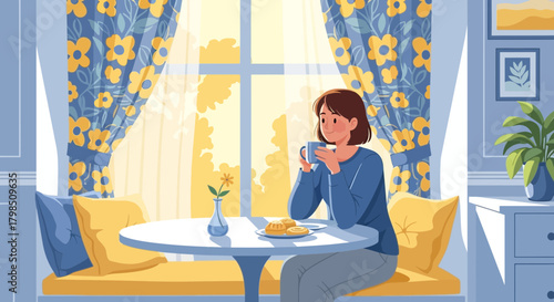 Cozy morning scene with a woman enjoying coffee by the window illustration
