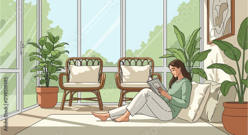 Cozy sunroom retreat with woman engrossed in a book surrounded by plants