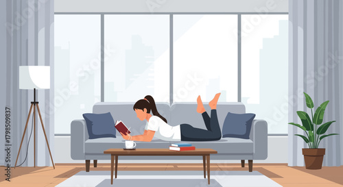 Cozy domestic scene of woman reading book on sofa, illuminated by natural light