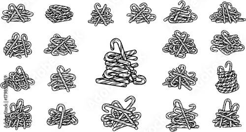 Hand-drawn collection of candy cane piles and stacks in various arrangements, black and white sketch style for Christmas and holiday season decorations.