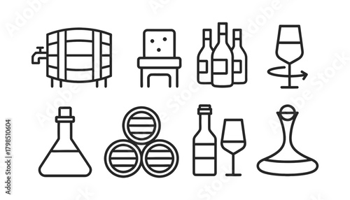 Wine and Winemaking Process Line Icon Set: Oak Barrel, Cheese, Wine Bottles, Swirling Glass, Decanter, Laboratory Flask, and Stacked Casks Symbols
