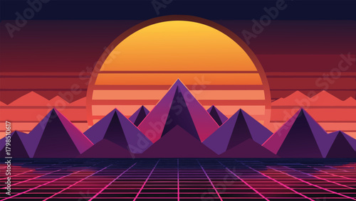 Vibrant retro synthwave landscape with geometric mountains and glowing grid under a massive sun evoking nostalgia and futuristic dreams