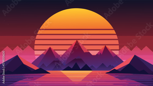 Retro synthwave sunset over stylized mountains and water, evoking a vibrant, nostalgic, and futuristic aesthetic for digital art and design projects.