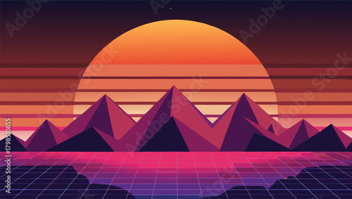 Vibrant retro synthwave landscape with glowing neon sun over geometric mountains and grid reflection evoking nostalgia and adventure