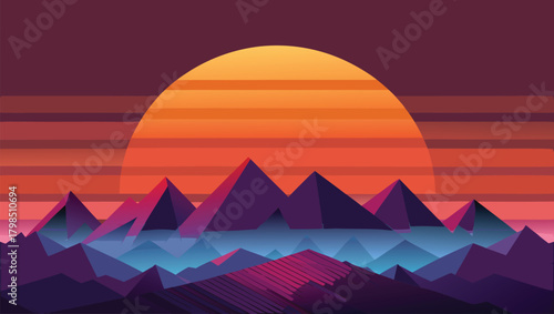 Retro synthwave sunset over geometric mountains creates a vibrant, nostalgic, and futuristic landscape vibe for digital art and design projects