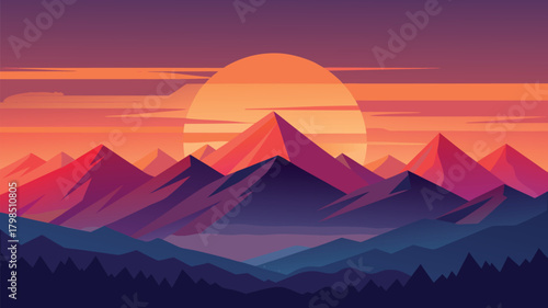 Stunning minimalist mountain landscape at sunset with vibrant purple and orange hues creating a serene, dreamlike atmosphere perfect for travel and nature themes.
