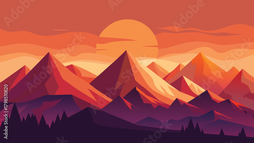 Stunning geometric mountain range at sunset with vibrant orange sky and deep purple silhouettes, evoking adventure and tranquility.