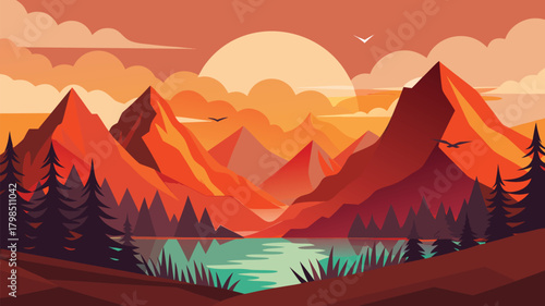 Stunning minimalist mountain landscape at sunset with vibrant orange sky reflecting on a tranquil lake and silhouetted pine trees