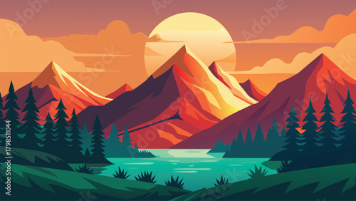 Stunning mountain landscape with vibrant sunset over serene lake, evoking adventure and tranquility for travel or nature themes.