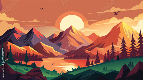 Stunning sunset paints majestic mountain peaks and serene lake with vibrant orange glow, evoking peace and adventure