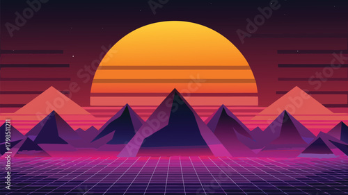 Retro synthwave landscape with vibrant neon grid and glowing sunset over stylized mountains evokes an 80s digital dreamscape ideal for futuristic projects.