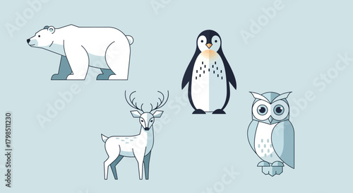 Stylized arctic and woodland animal illustration featuring bear, penguin, deer, and owl